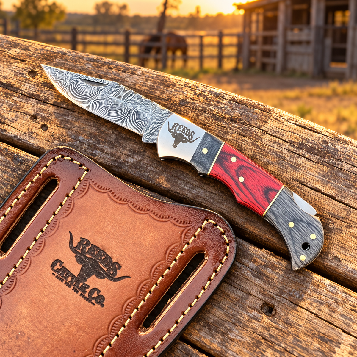 Reeds Crimsonforge Damascus Folding Pocket Knife – Red & Grey Pakkawood Handle