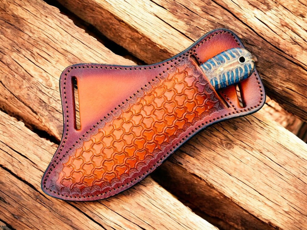 Hunting Knife with 4" Rasp Steel Blade & Blue Pine-Cone Resin Handle