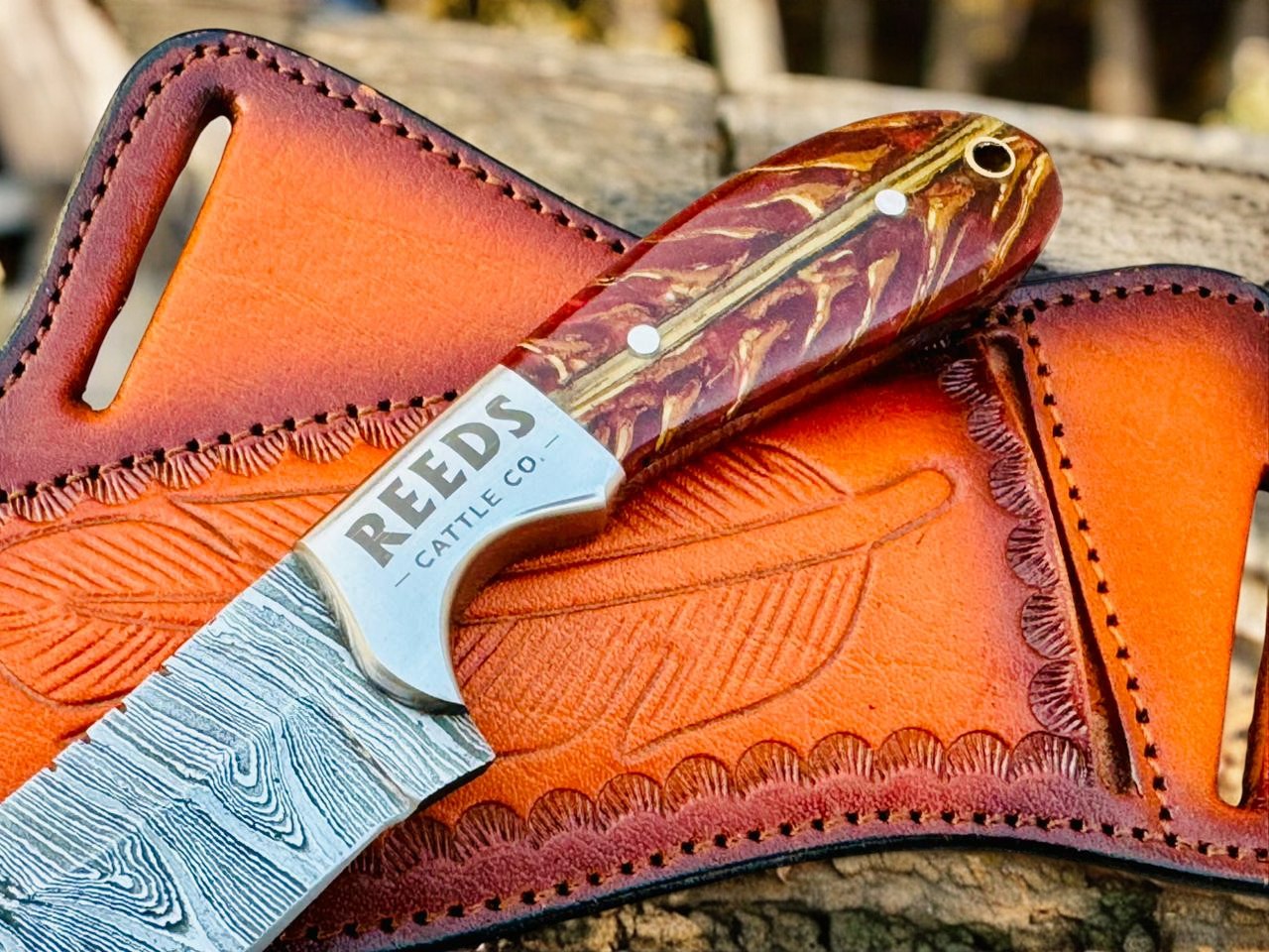 Cowboy Knife 3.25" Damascus Blade with Red Pine Cone Resin Handle