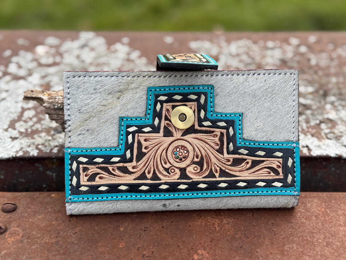 Black and Turquoise Genuine Western Cowhide Leather Purse with fringe by Double B Wild Rags