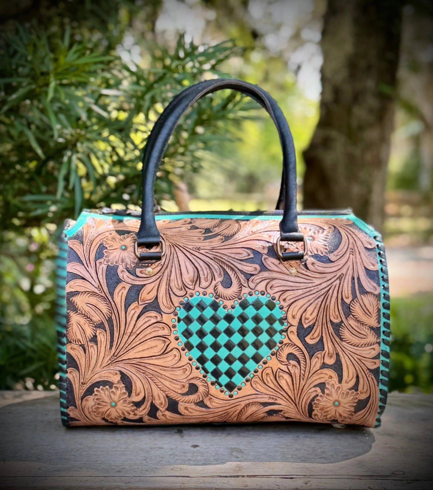 Tooled Leather Turquoise Black Checkered Heart Speedy Bag + Coin Purse