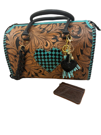 Tooled Leather Turquoise Black Checkered Heart Speedy Bag + Coin Purse