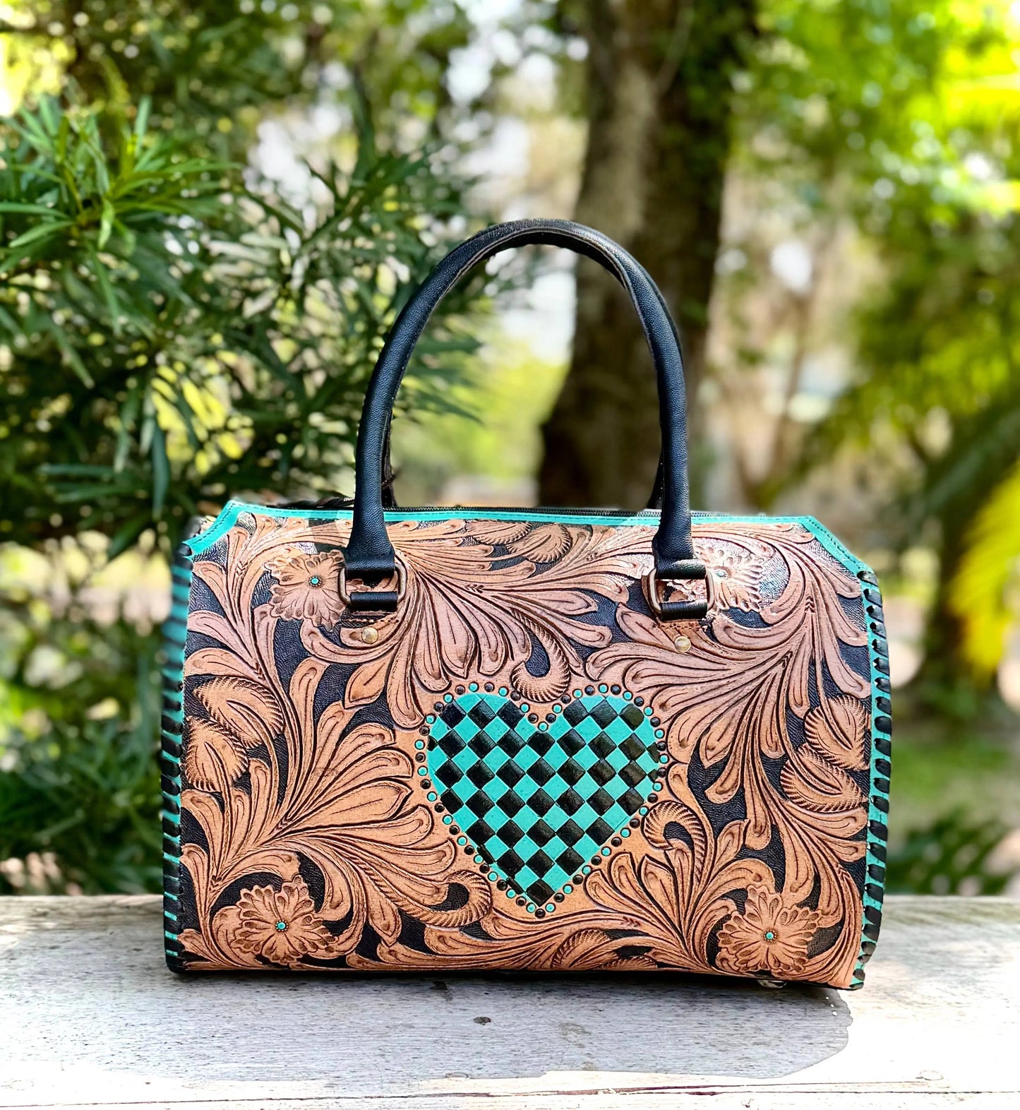 Tooled Leather Turquoise Black Checkered Heart Speedy Bag + Coin Purse