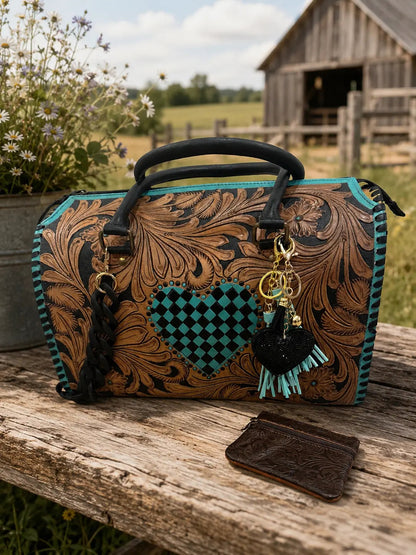Tooled Leather Turquoise Black Checkered Heart Speedy Bag + Coin Purse