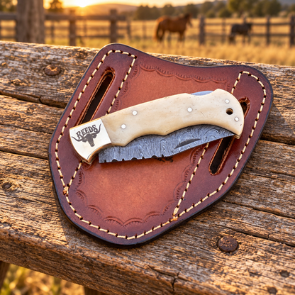 Reeds Bonecrest Damascus Folding Pocket Knife – Natural Camel Bone Handle