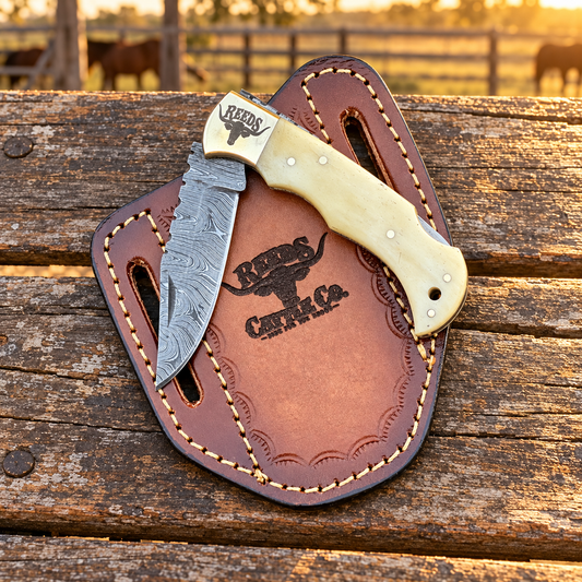 Reeds Bonecrest Damascus Folding Pocket Knife – Natural Camel Bone Handle