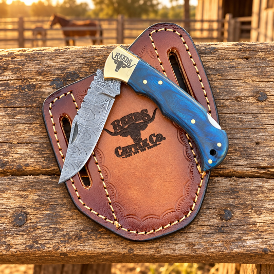 Reeds Bluecrest Damascus Folding Pocket Knife – Blue Pakkawood Handle