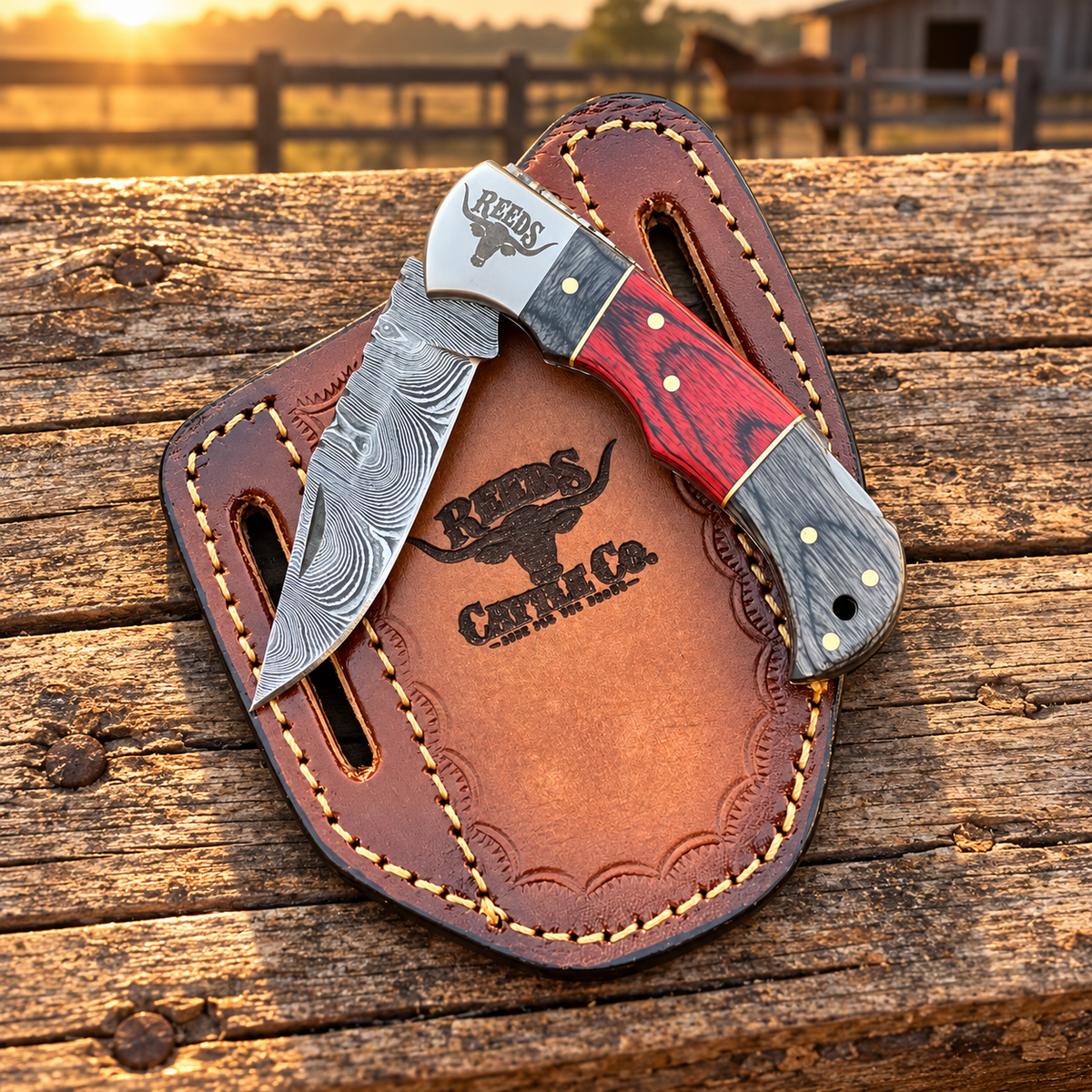 Reeds Crimsonforge Damascus Folding Pocket Knife – Red & Grey Pakkawood Handle