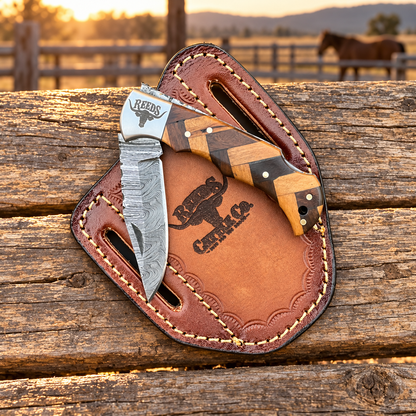 Reeds Timbercrest Damascus Folding Pocket Knife – Wood Handle & Steel Bolster