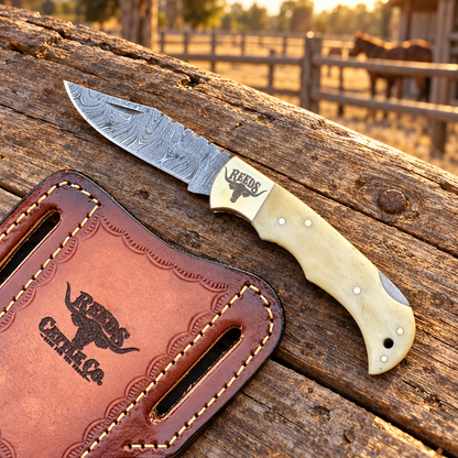 Reeds Bonecrest Damascus Folding Pocket Knife – Natural Camel Bone Handle