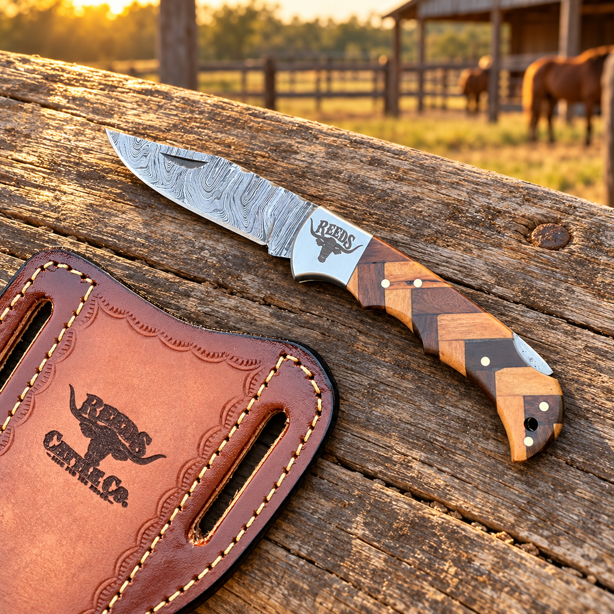 Reeds Timbercrest Damascus Folding Pocket Knife – Wood Handle & Steel Bolster