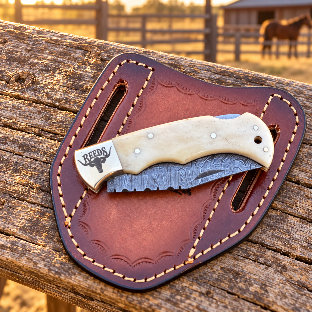 Reeds Bonecrest Damascus Folding Pocket Knife – Natural Camel Bone Handle