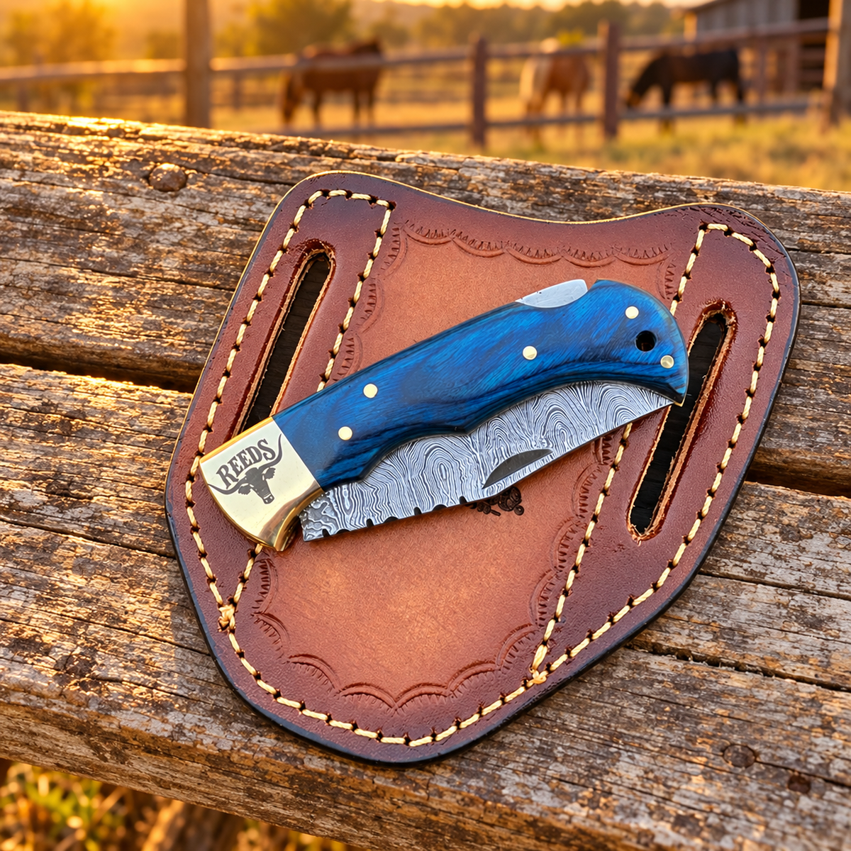 Reeds Bluecrest Damascus Folding Pocket Knife – Blue Pakkawood Handle