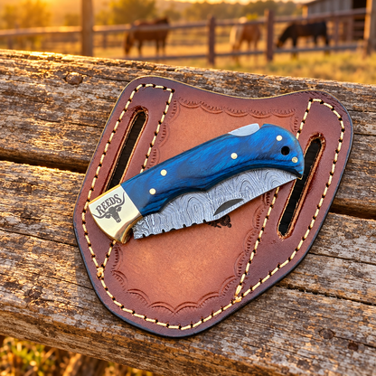 Reeds Bluecrest Damascus Folding Pocket Knife – Blue Pakkawood Handle