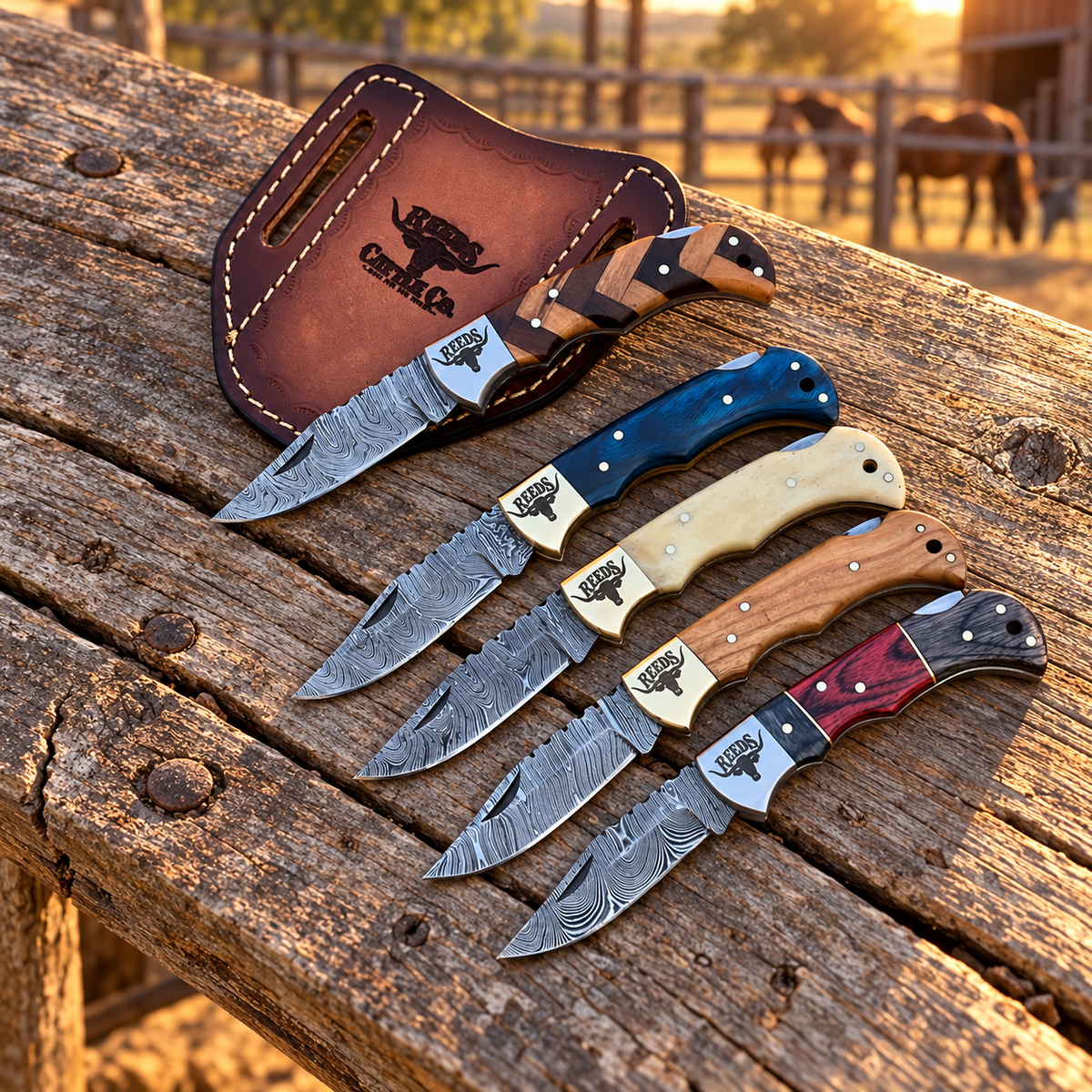 Reeds Heritage Five Damascus Folding Pocket Knives – Set of 5