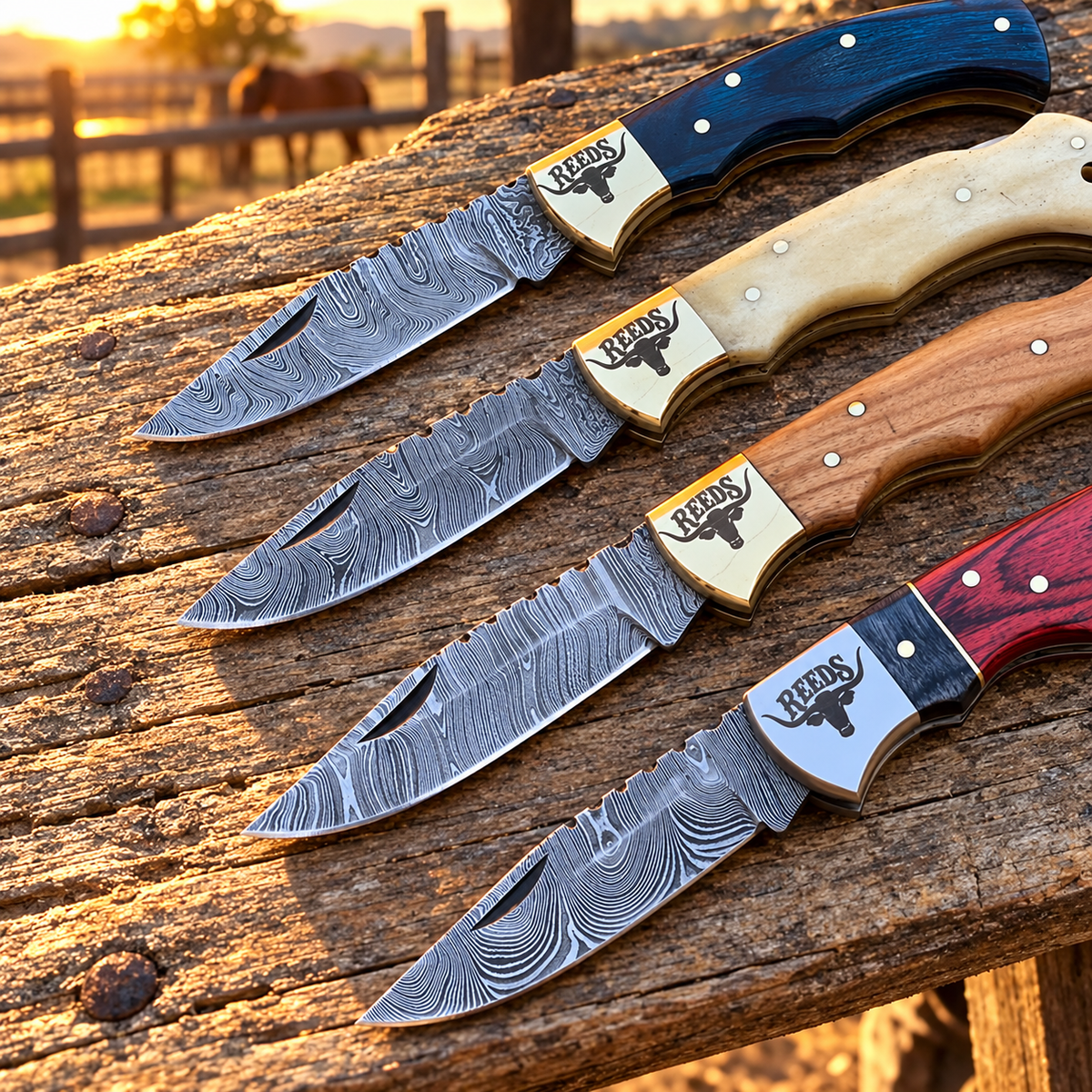 Reeds Heritage Five Damascus Folding Pocket Knives – Set of 5