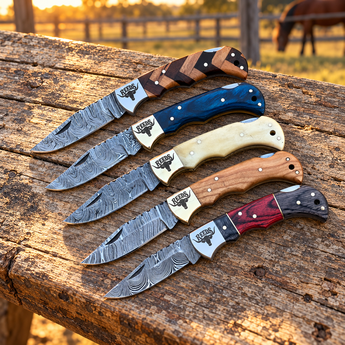 Reeds Heritage Five Damascus Folding Pocket Knives – Set of 5