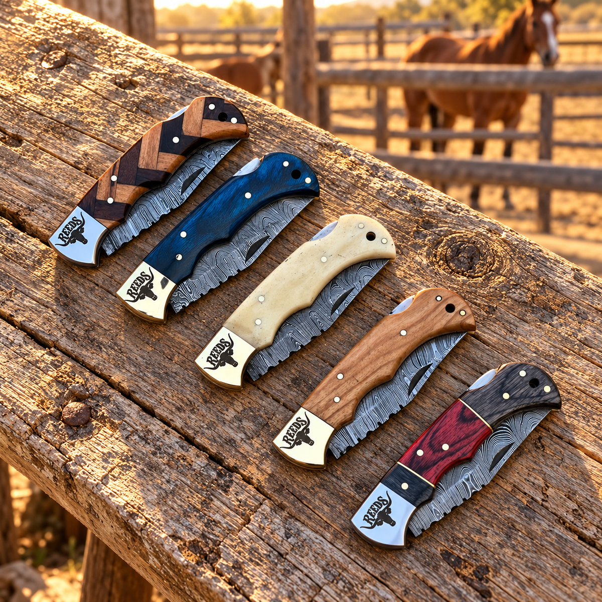 Reeds Heritage Five Damascus Folding Pocket Knives – Set of 5