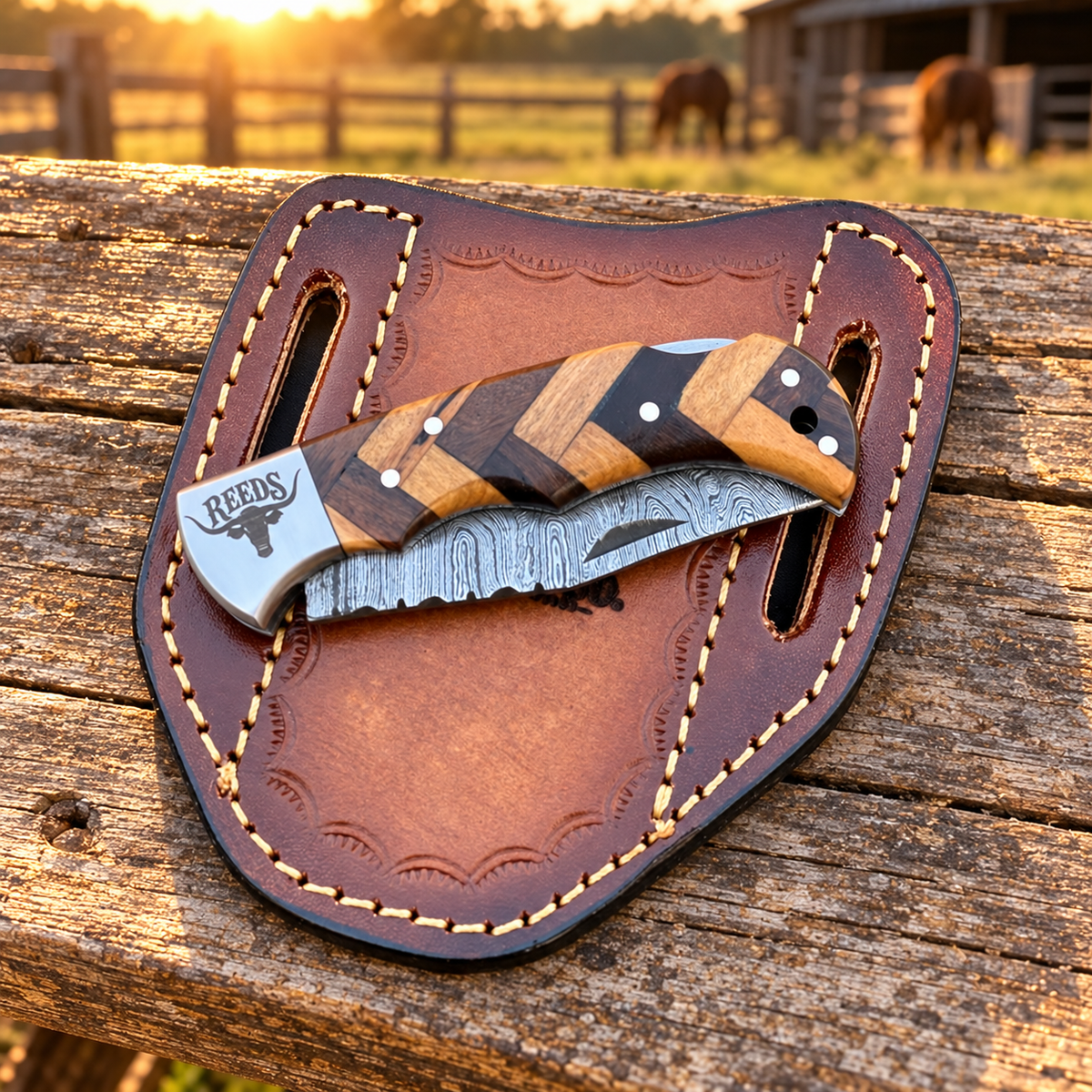 Reeds Timbercrest Damascus Folding Pocket Knife – Wood Handle & Steel Bolster