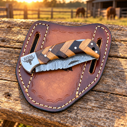 Reeds Timbercrest Damascus Folding Pocket Knife – Wood Handle & Steel Bolster