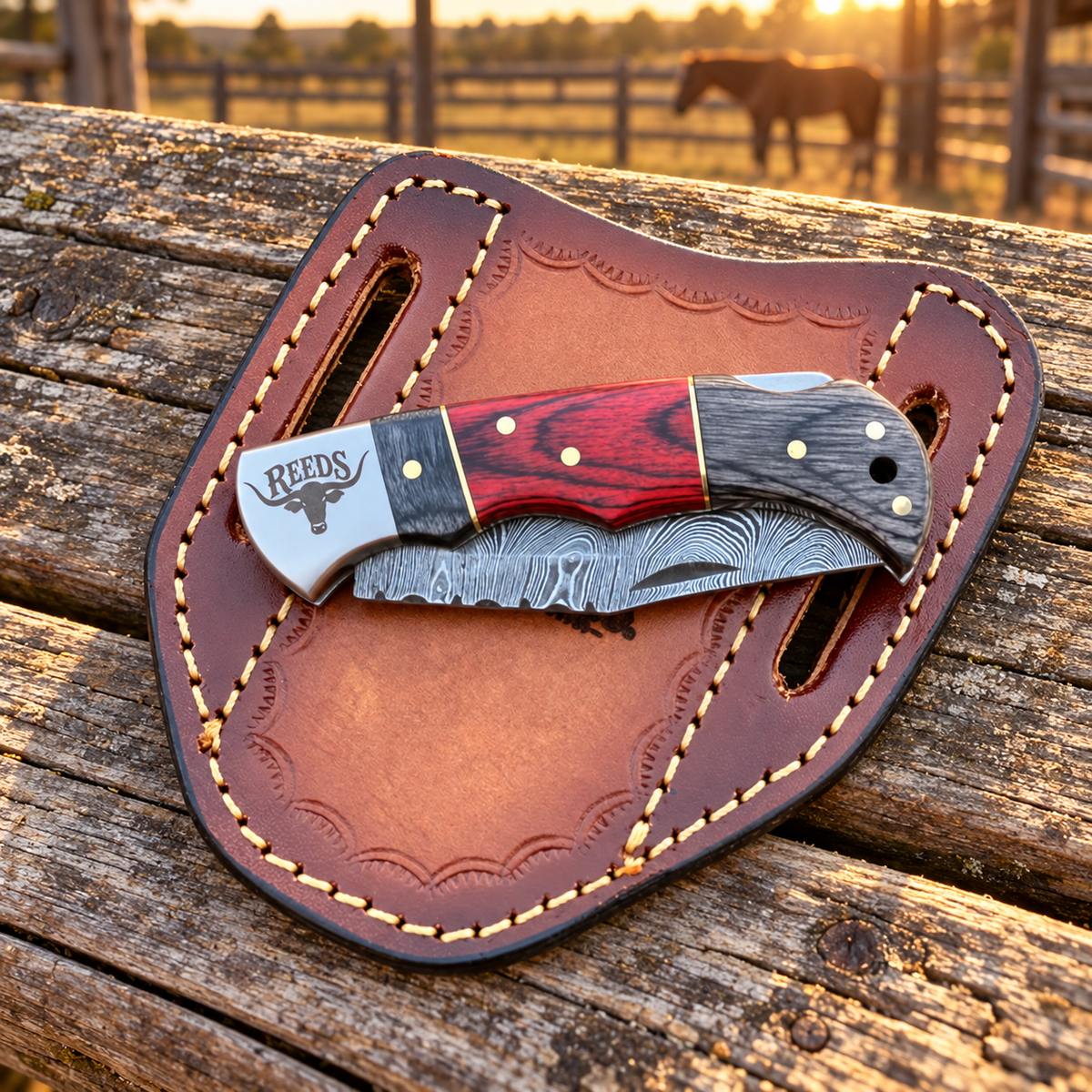 Reeds Crimsonforge Damascus Folding Pocket Knife – Red & Grey Pakkawood Handle
