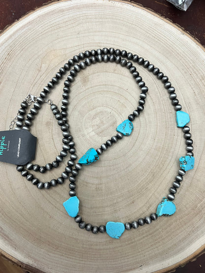 Long Faux Turquoise Nugget and Sterling Pearl Statement Necklace - 48 inch