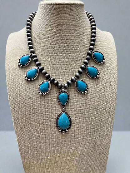 Teardrop Faux Turquoise and Sterling Pearl Necklace - 16 inch + 3