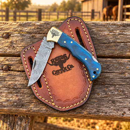 Reeds Bluecrest Damascus Folding Pocket Knife – Blue Pakkawood Handle