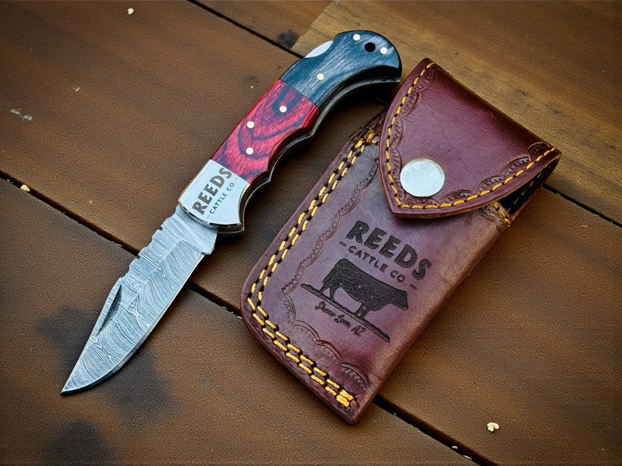 Folding Pocket Knife 3" Damascus Blade with Red/Black Pakka Wood