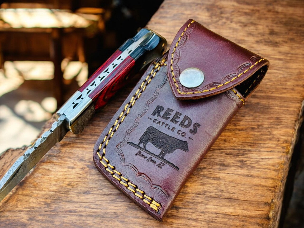 Folding Pocket Knife 3" Damascus Blade with Red/Black Pakka Wood