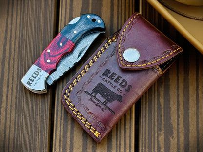 Folding Pocket Knife 3" Damascus Blade with Red/Black Pakka Wood