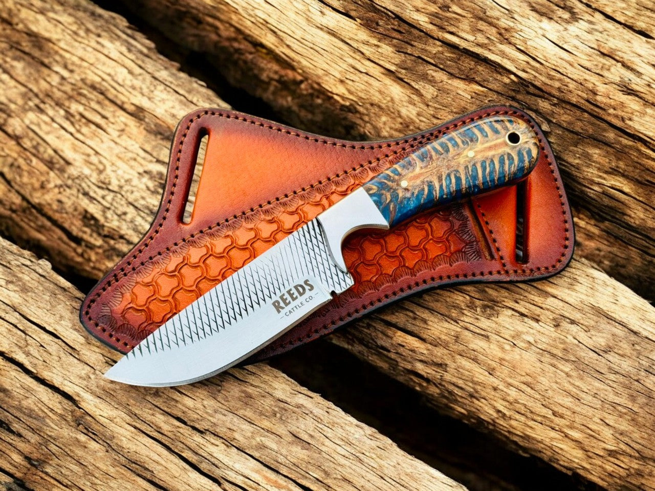 Hunting Knife with 4" Rasp Steel Blade & Blue Pine-Cone Resin Handle