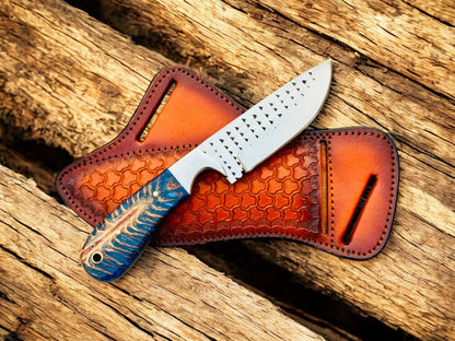 Hunting Knife with 4" Rasp Steel Blade & Blue Pine-Cone Resin Handle