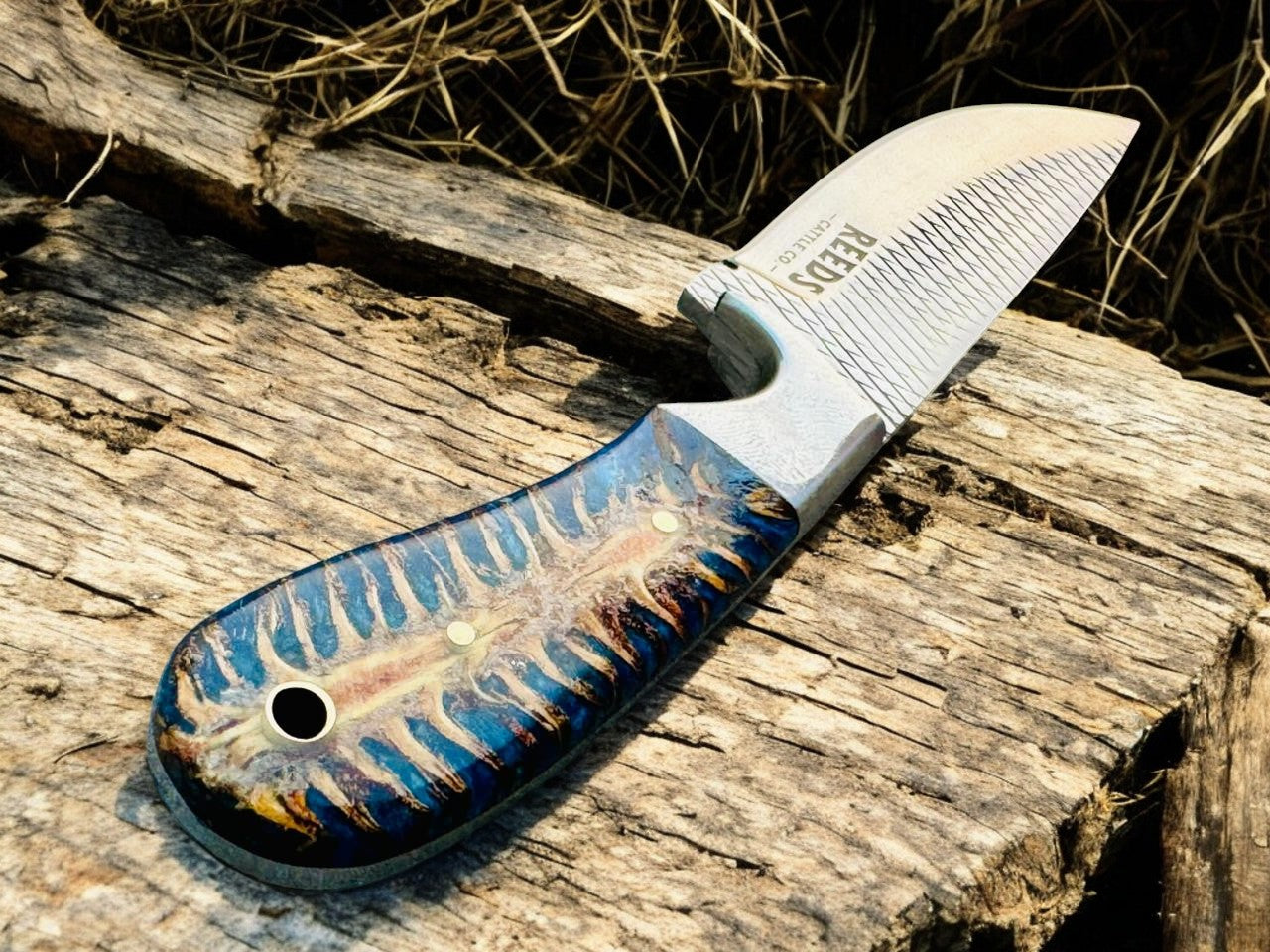 Hunting Knife with 4" Rasp Steel Blade & Blue Pine-Cone Resin Handle