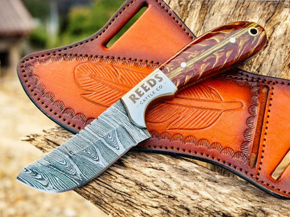 Cowboy Knife 3.25" Damascus Blade with Red Pine Cone Resin Handle