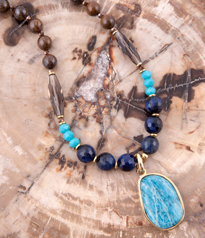 Argo Blue Apatite and Brown Tiger's Eye Golden Pendant Necklace