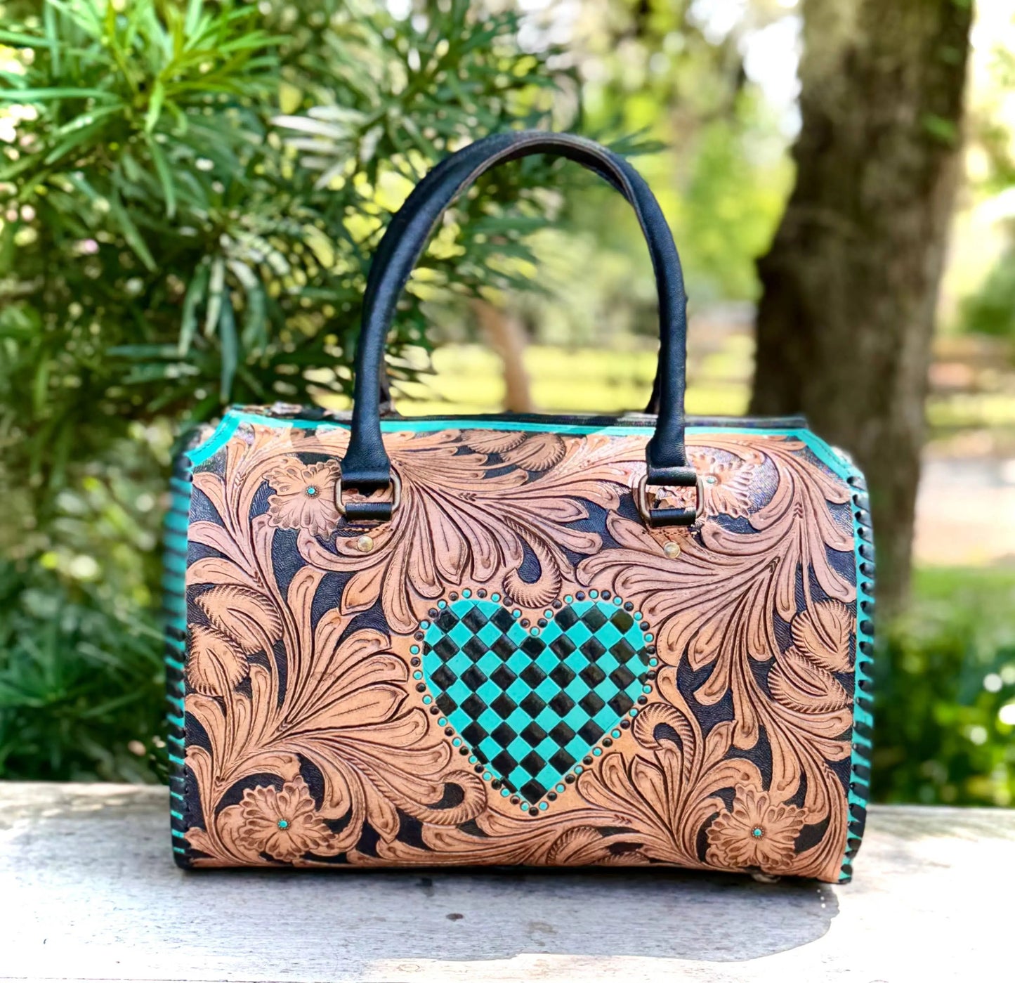 Tooled Leather Turquoise Black Checkered Heart Speedy Bag + Coin Purse