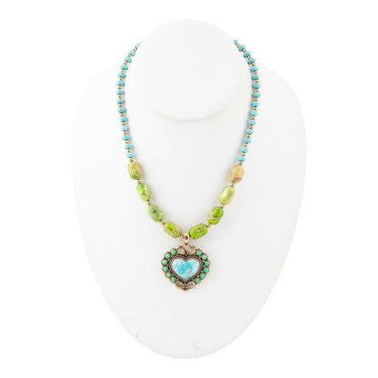 Legacy Heart Lime Green and Blue Turquoise Golden Pendant Necklace