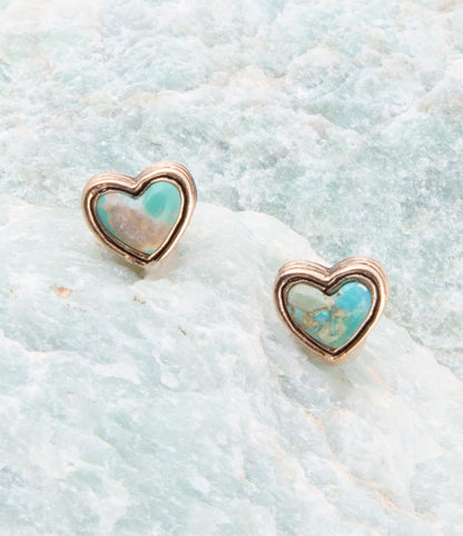 Heart Blue Turquoise Golden Stud Earrings