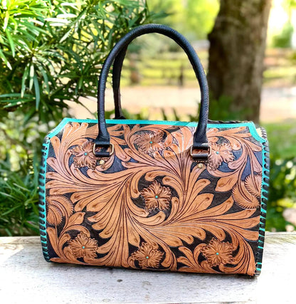 Tooled Leather Turquoise Black Checkered Heart Speedy Bag + Coin Purse
