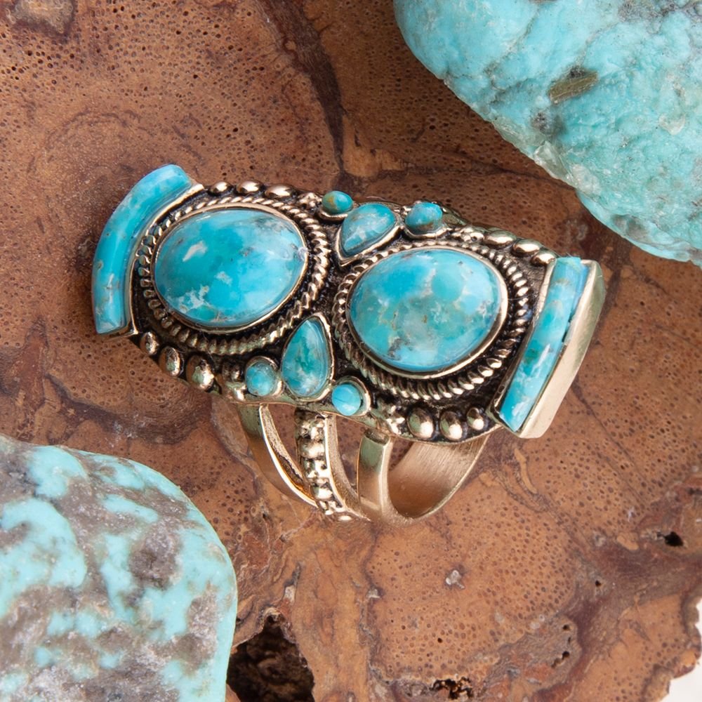 Double Blue Turquoise Golden Shield Ring