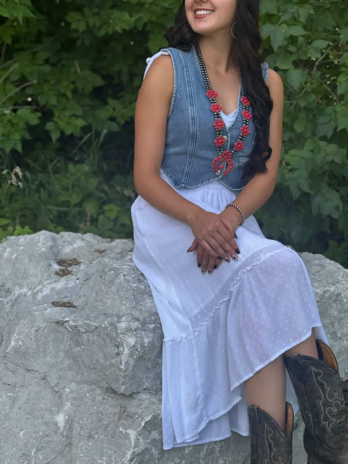 Faux Coral Long Squash Blossom Statement Necklace - 32 inch necklace