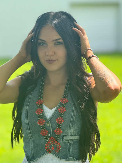 Faux Coral Long Squash Blossom Statement Necklace - 32 inch necklace