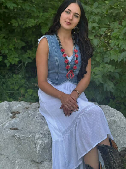 Faux Coral Long Squash Blossom Statement Necklace - 32 inch necklace