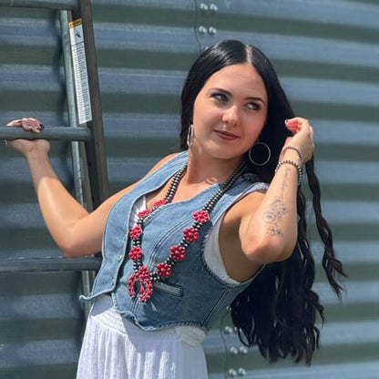 Faux Coral Long Squash Blossom Statement Necklace - 32 inch necklace