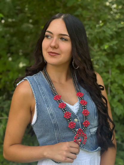 Faux Coral Long Squash Blossom Statement Necklace - 32 inch necklace