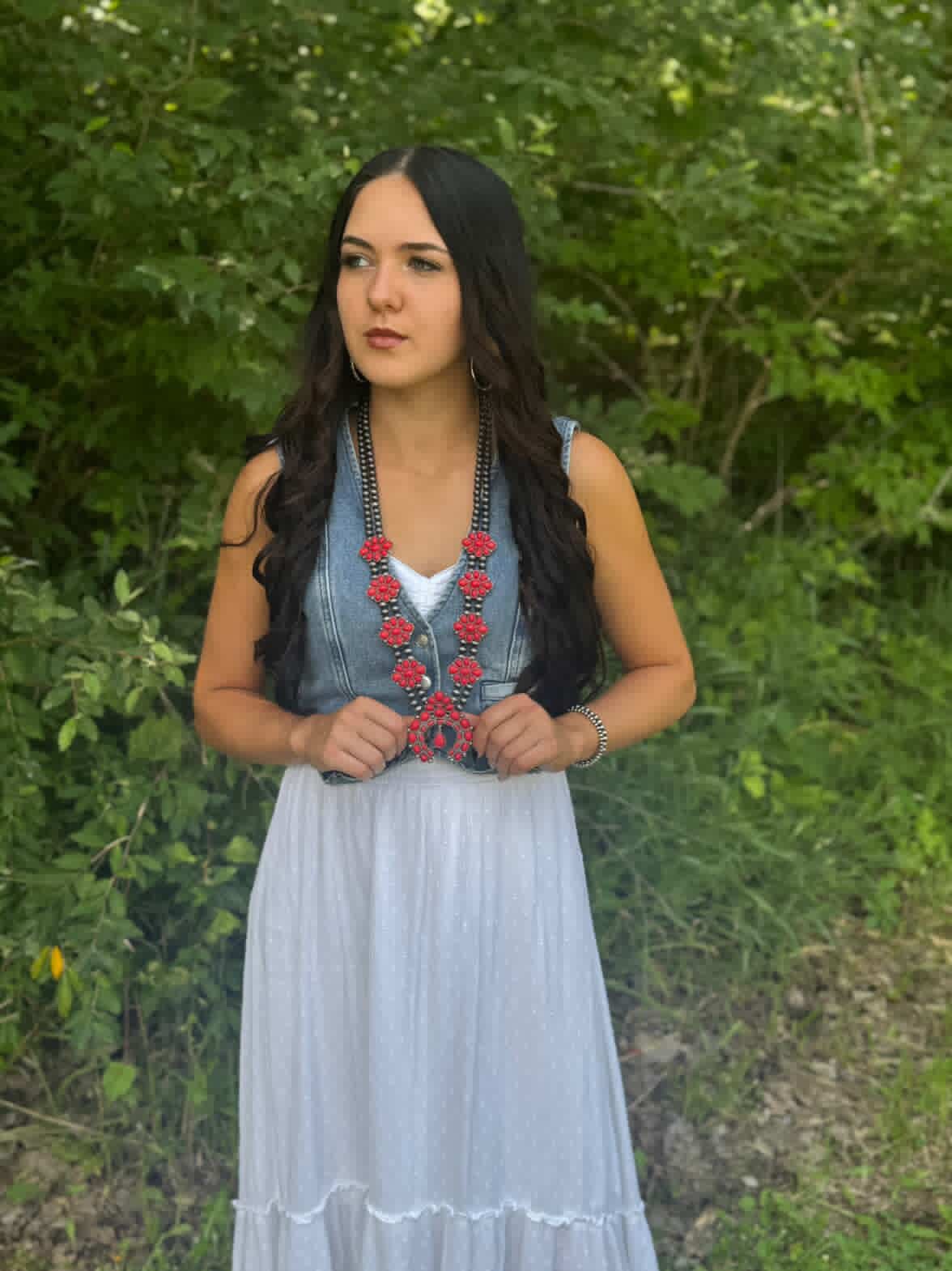 Faux Coral Long Squash Blossom Statement Necklace - 32 inch necklace