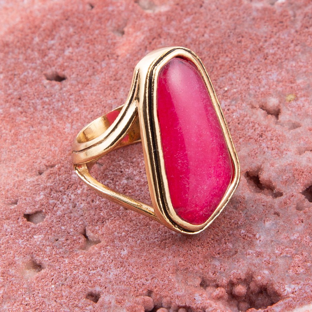 Pink Fuchsia Agate and Golden Abstract Ring