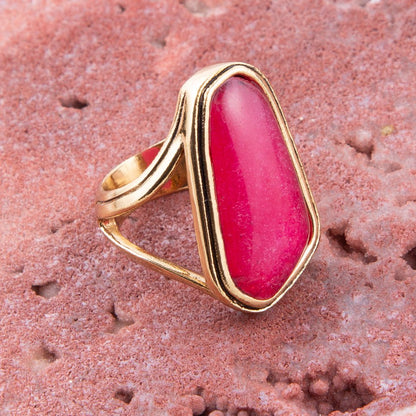 Pink Fuchsia Agate and Golden Abstract Ring