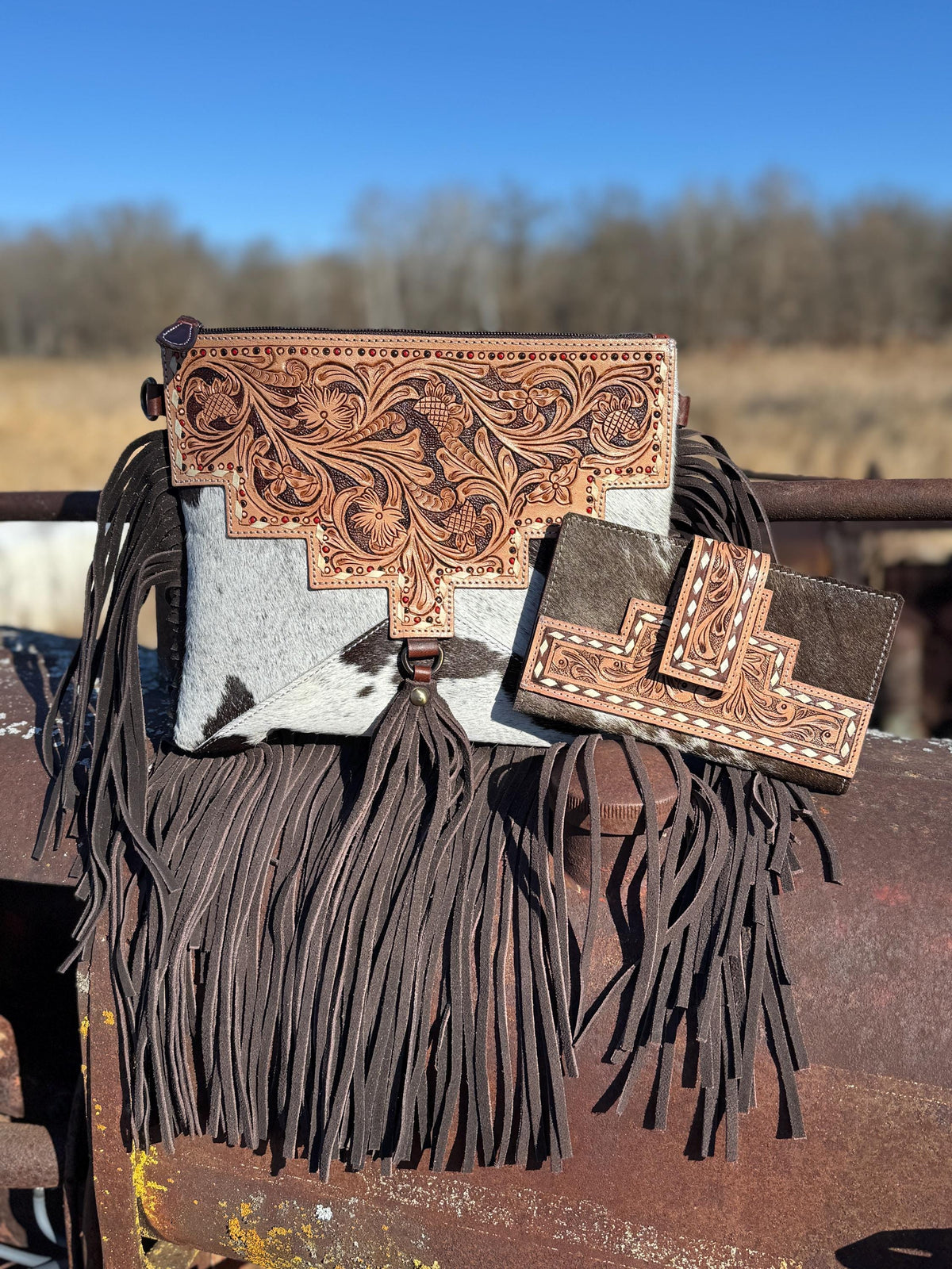 Genuine Western Cowhide Leather Purse and Wallet with details and fringe by Double B Wild Rags